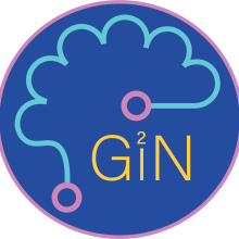 Gender Inclusion in Neuroscience logo, a blue circle with a teal outline of a brain and text "Gi^2N" where the 2 is as the dot on an i