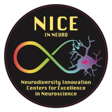 NICE in neuro logo, a rainbow image of an infinity sign integrated with a neuron on a black background and it reads "Neurodiversity Innovation Centers for Excellence in Neuroscience"