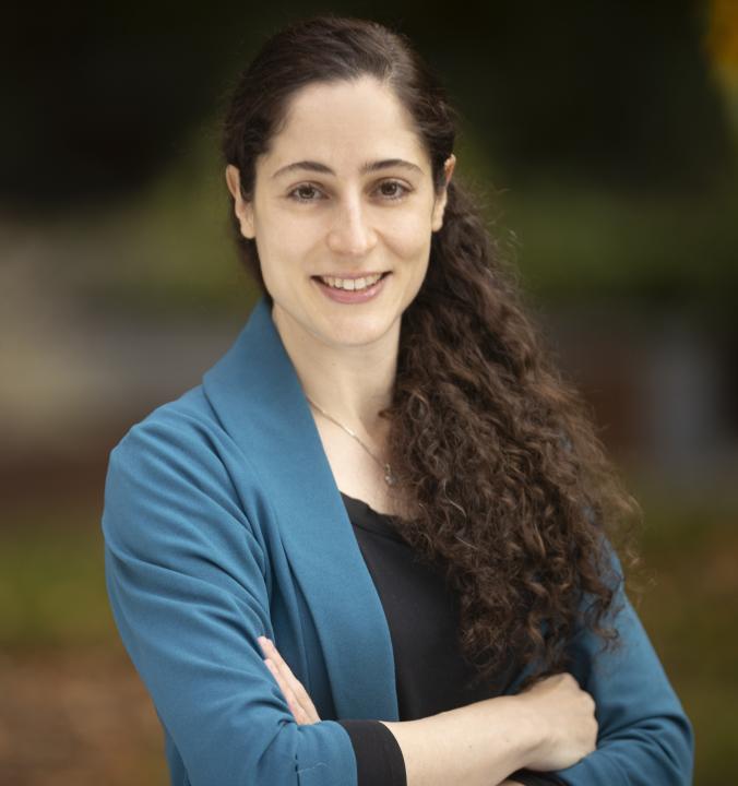 Portrait of Dr. Leenoy Meshulam, smiling with arms crossed looking straight at the camera in a blue sweater