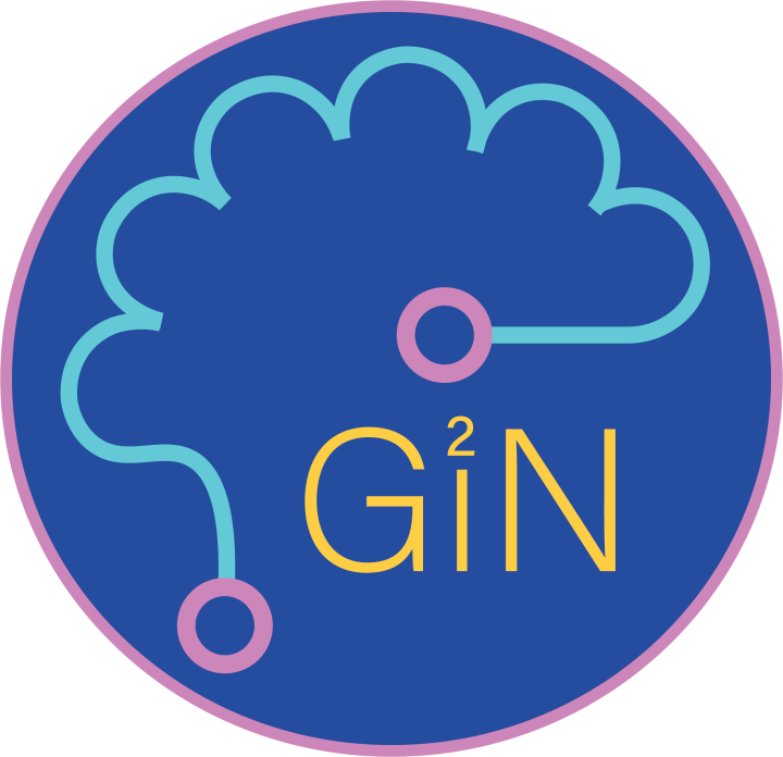 Gender Inclusion in Neuroscience logo, a blue circle with a teal outline of a brain and text "Gi^2N" where the 2 is as the dot on an i